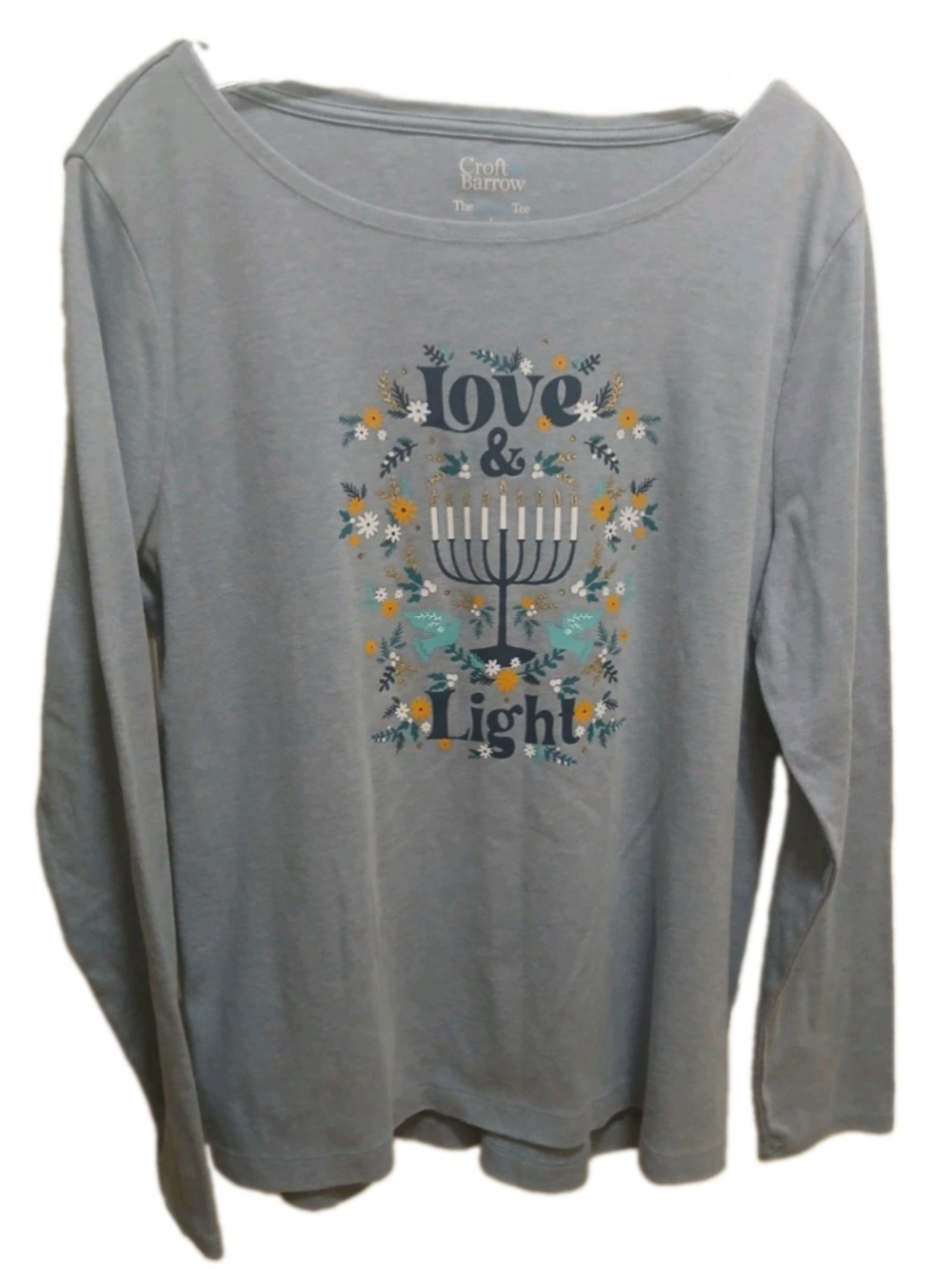 Croft & Barrow Womens Long-Sleeve Hanukkah Top Sz L Menorah Love & Light Holiday